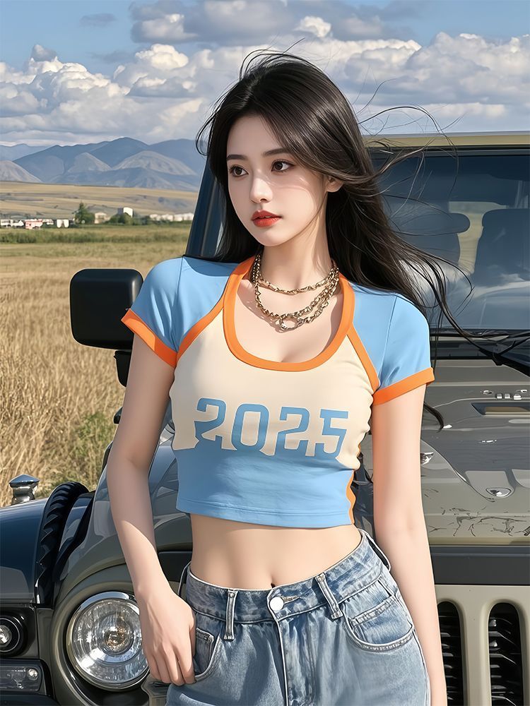 Unique navel tops short mixed colors T-shirt