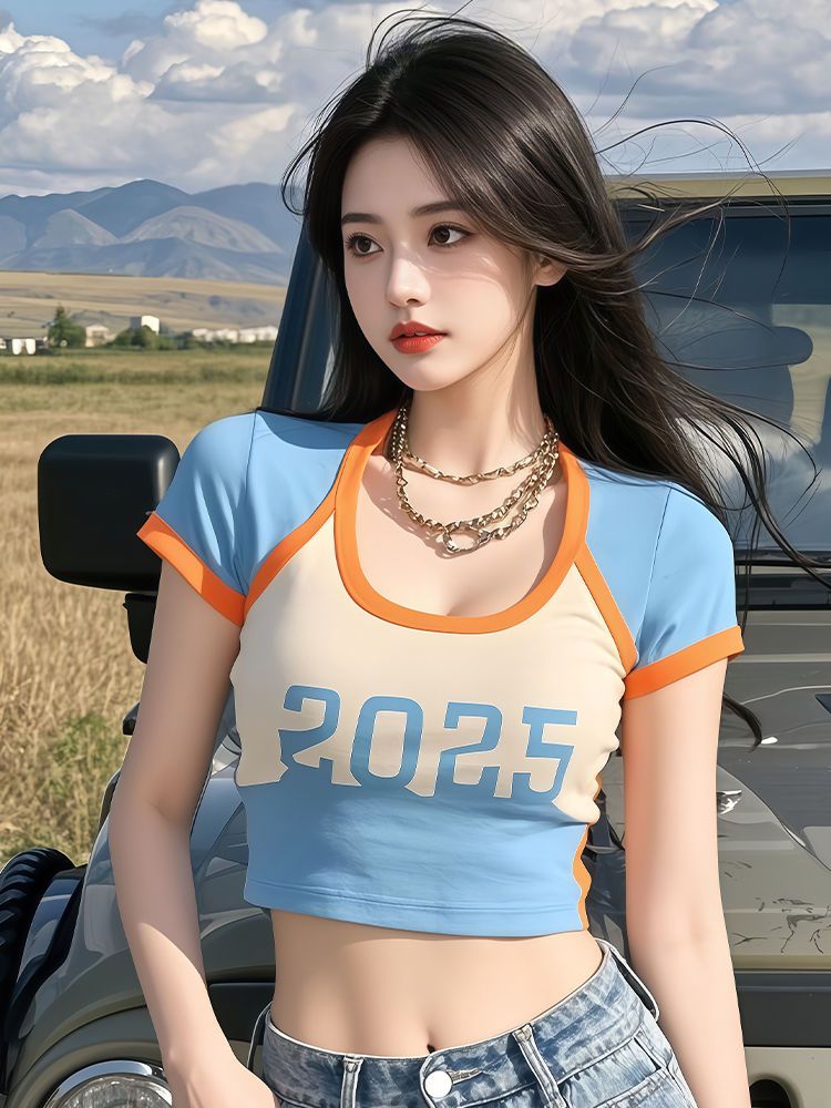 Unique navel tops short mixed colors T-shirt