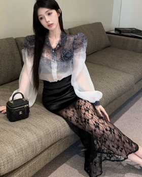 Gradient long sleeve skirt high waist shirt a set for women