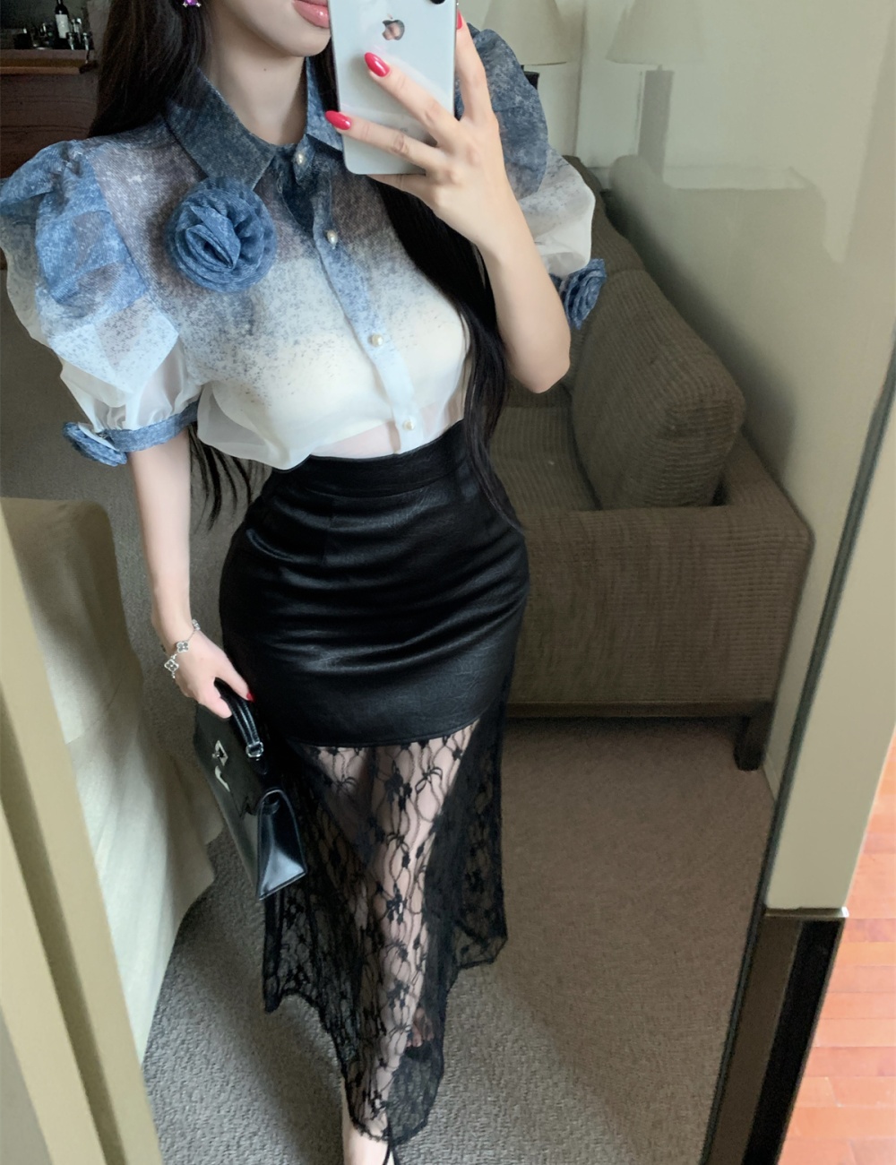 High waist shirt stereoscopic skirt a set