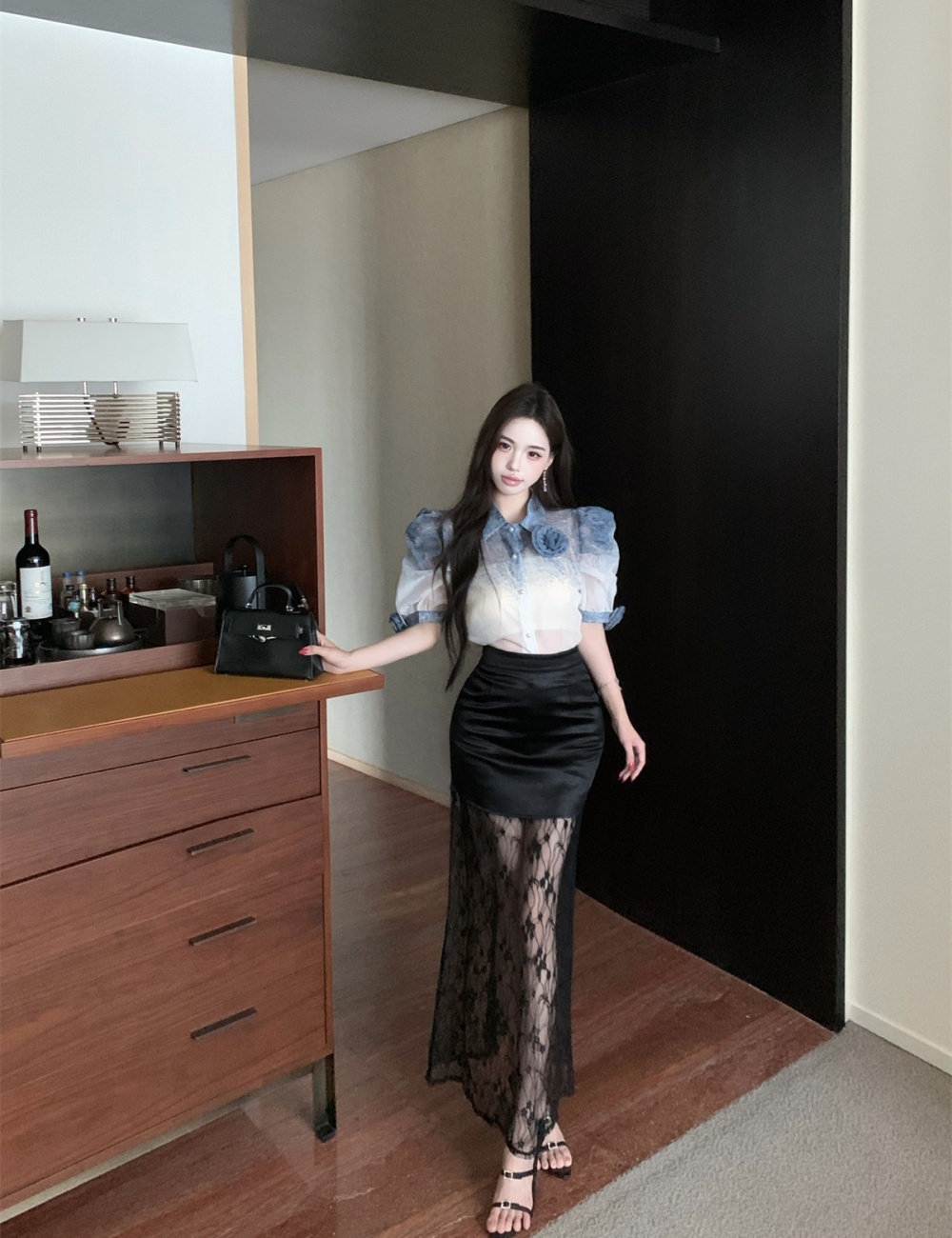 High waist shirt stereoscopic skirt a set