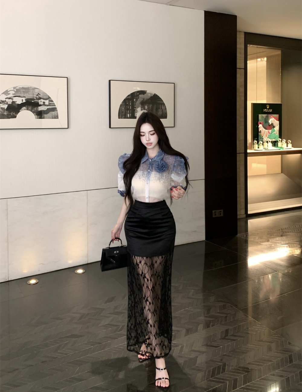 High waist shirt stereoscopic skirt a set