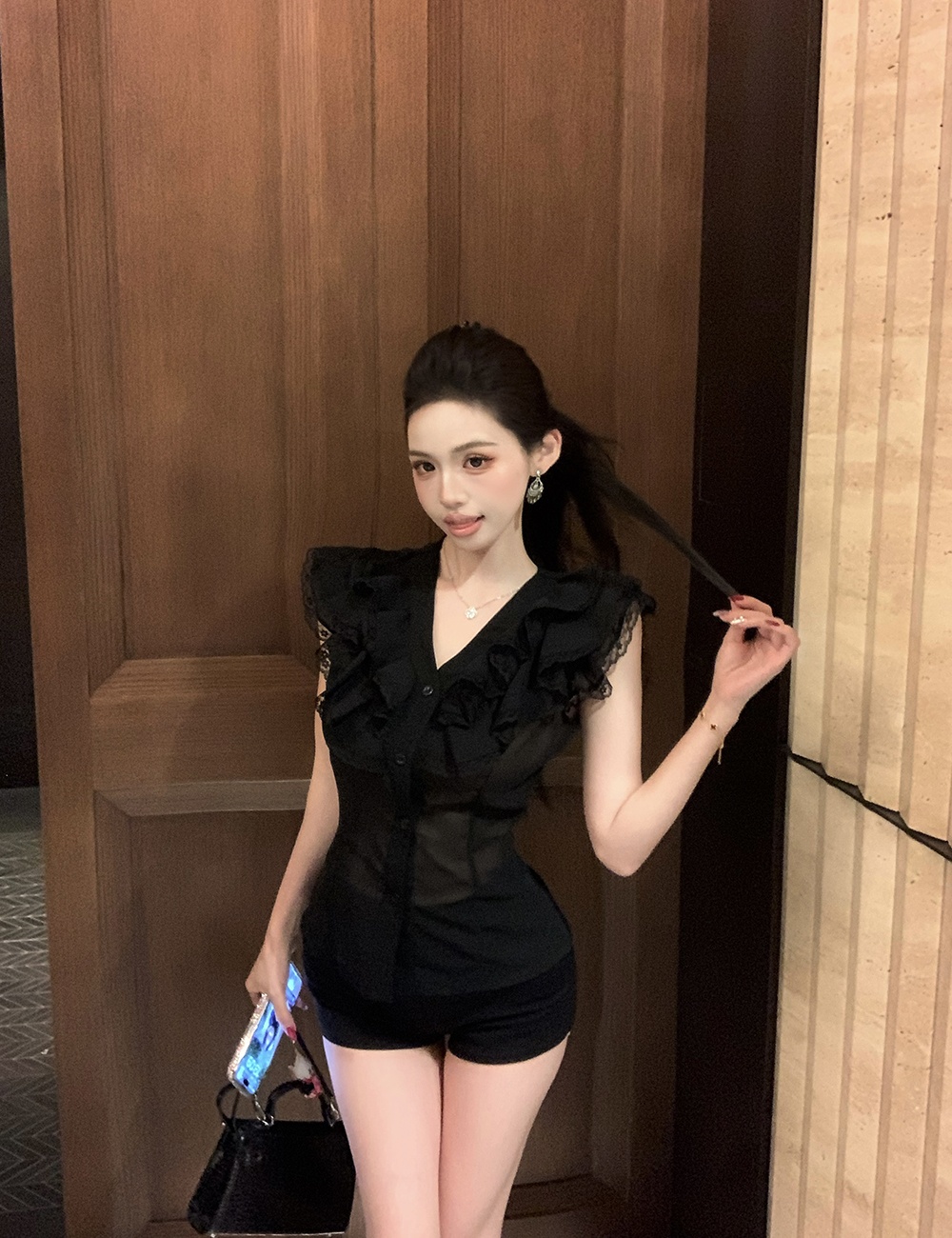 Chiffon slim shorts France style tops a set for women