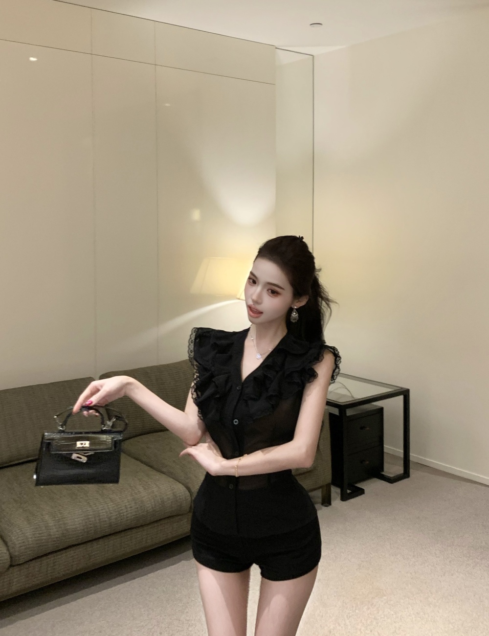 Chiffon slim shorts France style tops a set for women