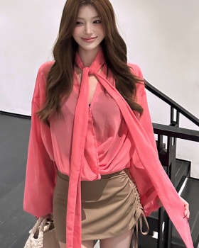 Streamer V-neck chiffon shirt loose long sleeve tops