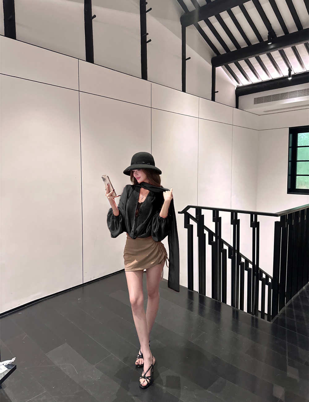 Streamer V-neck chiffon shirt loose long sleeve tops