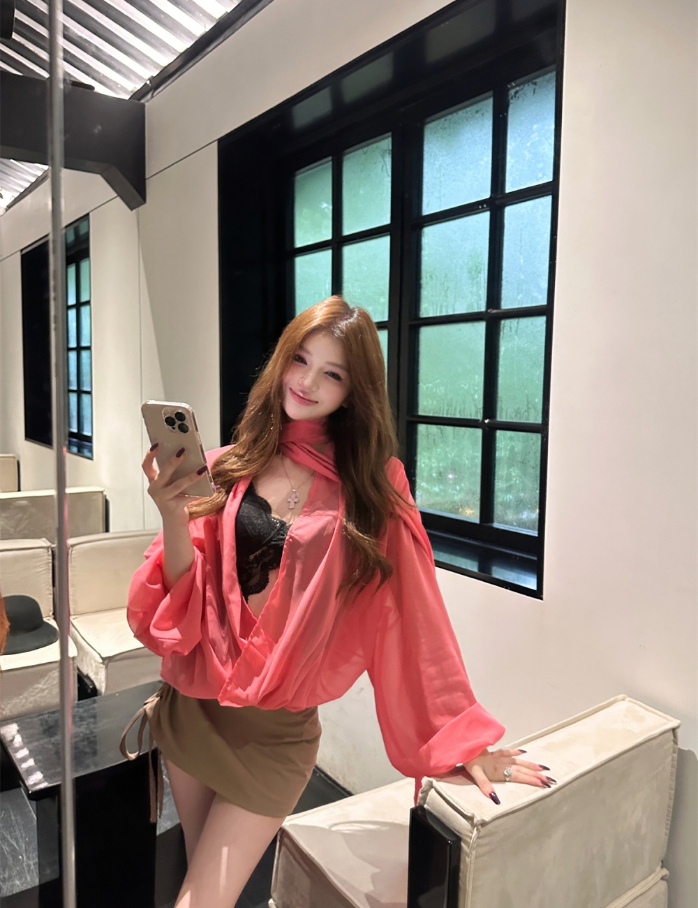 Streamer V-neck chiffon shirt loose long sleeve tops