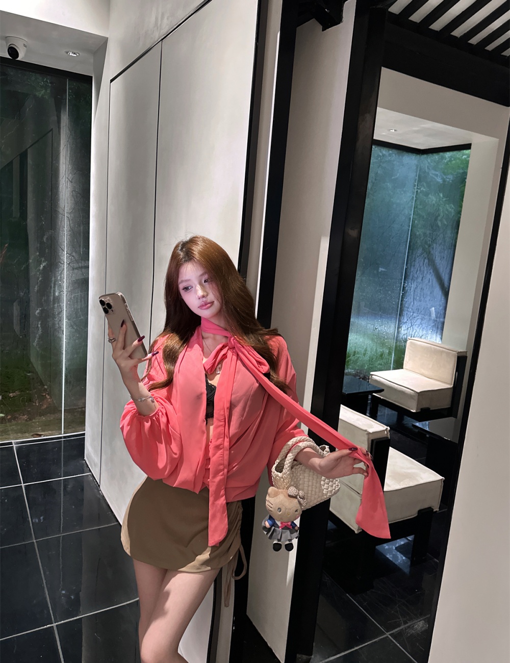 Streamer V-neck chiffon shirt loose long sleeve tops