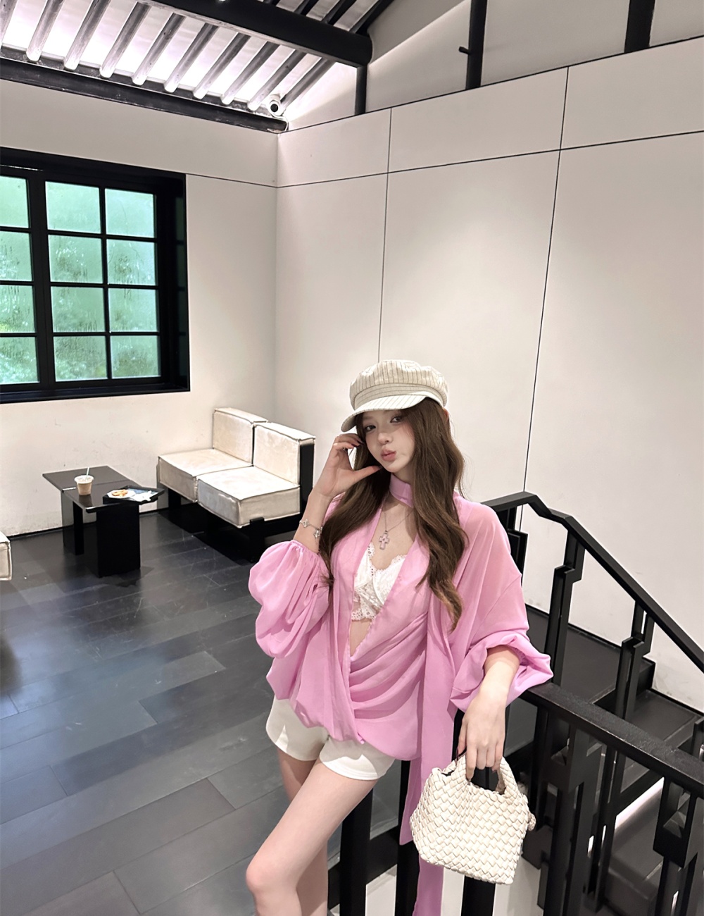 Streamer V-neck chiffon shirt loose long sleeve tops