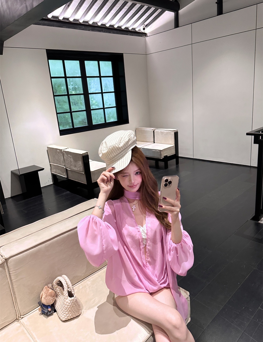 Streamer V-neck chiffon shirt loose long sleeve tops