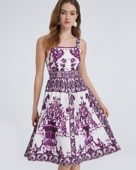 Sling A-line high waist slim fashion dingkou printing dress