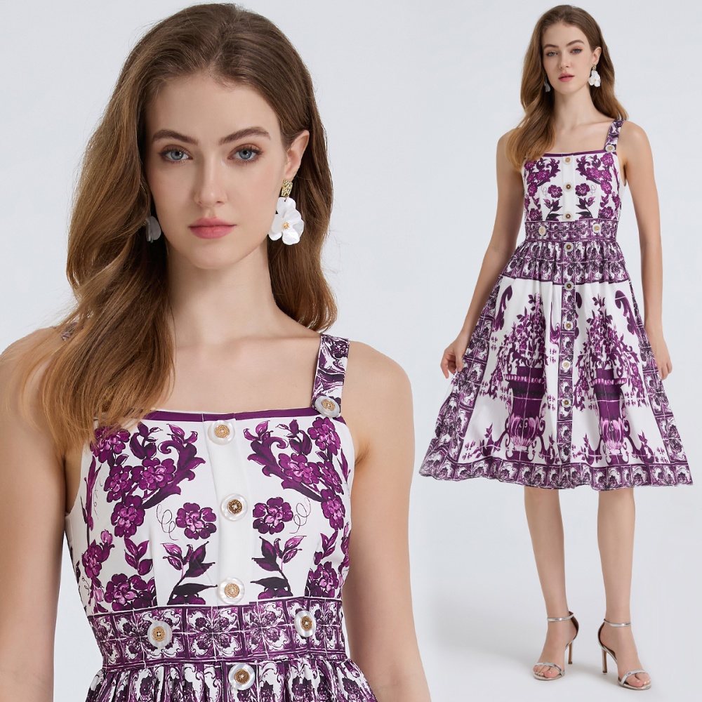 Sling A-line high waist slim fashion dingkou printing dress