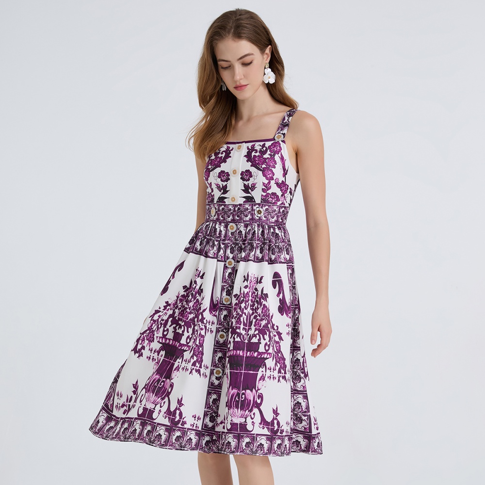 Sling A-line high waist slim fashion dingkou printing dress