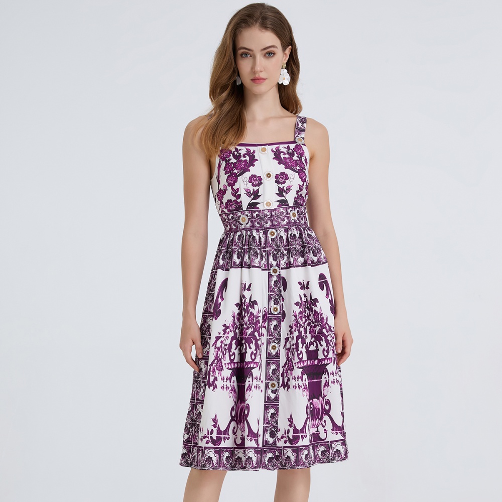 Sling A-line high waist slim fashion dingkou printing dress