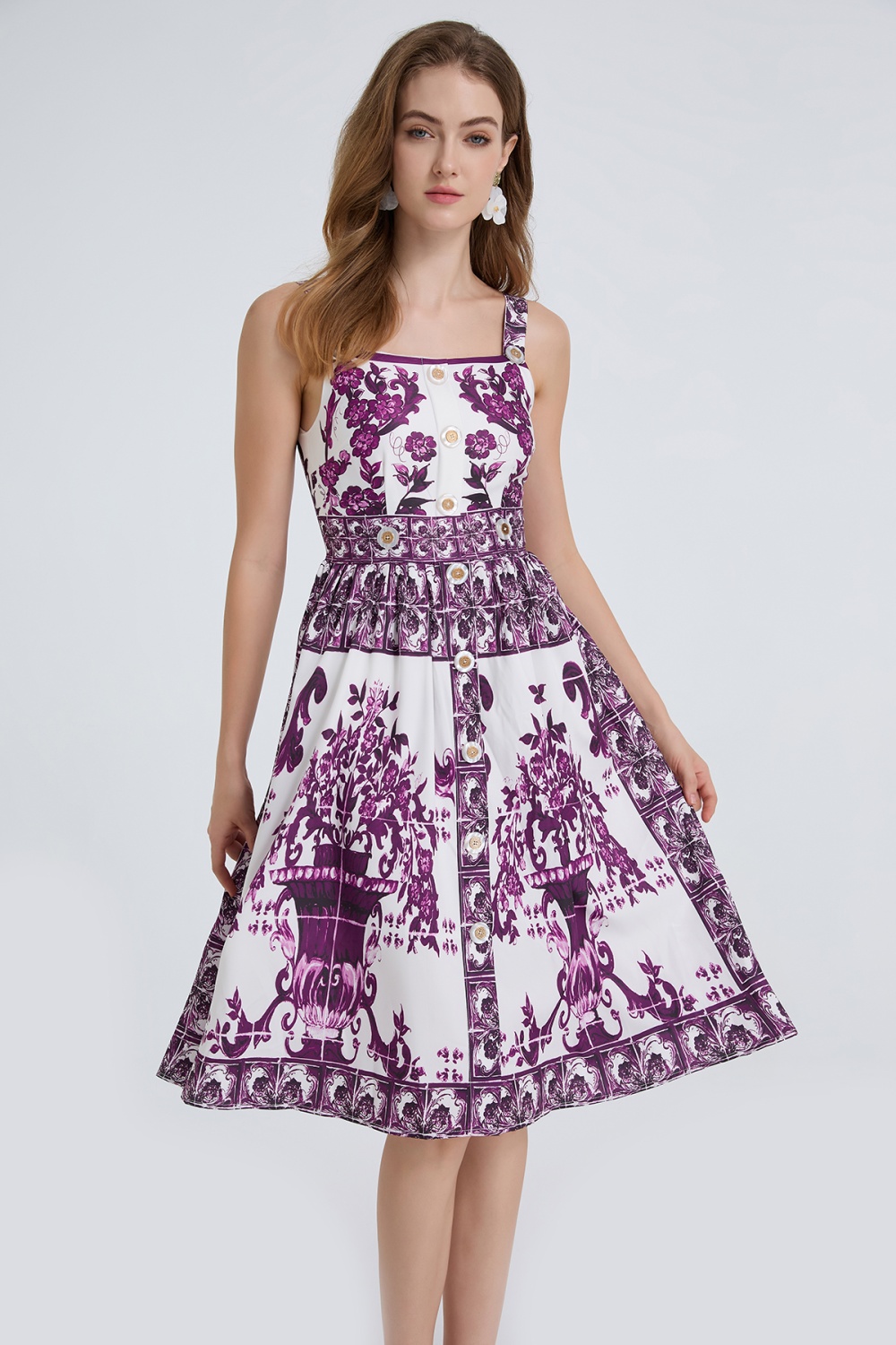 Sling A-line high waist slim fashion dingkou printing dress