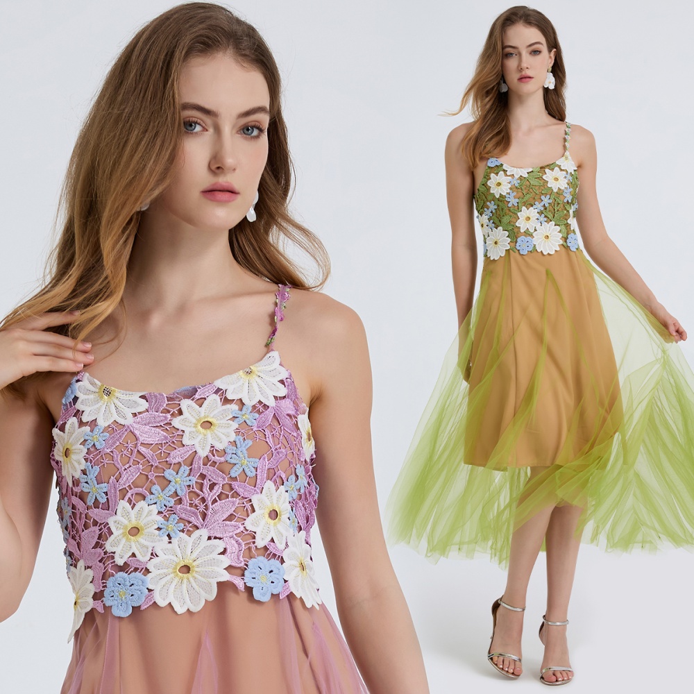 Gauze splice big skirt shoulder strap lace fashion dress