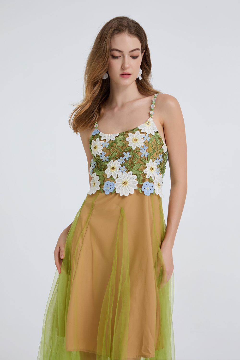 Gauze splice big skirt shoulder strap lace fashion dress