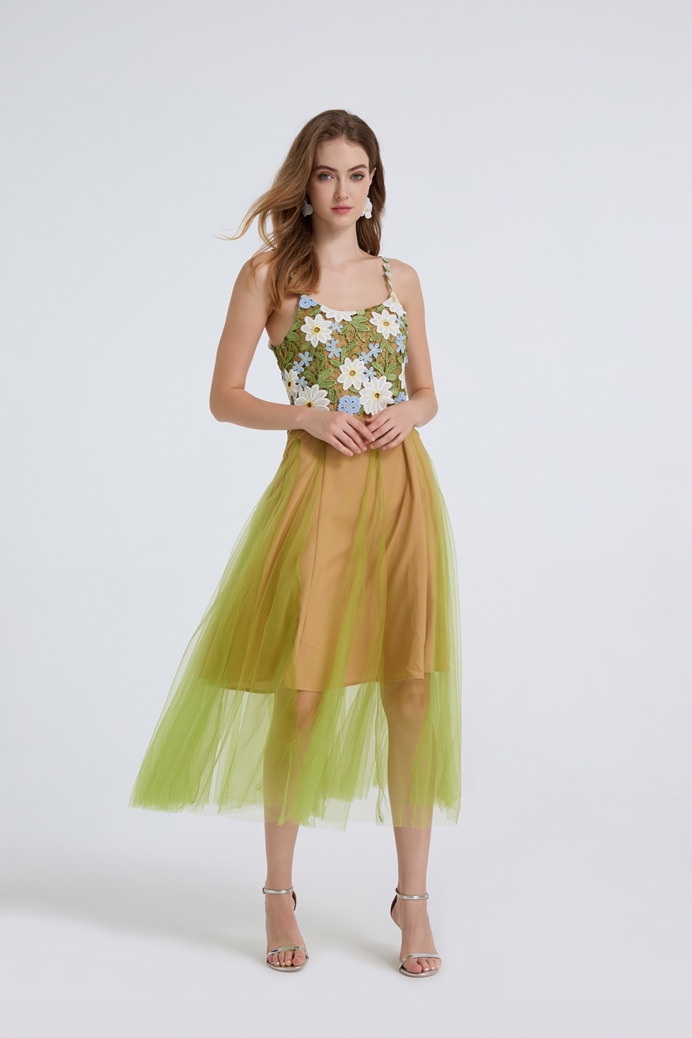 Gauze splice big skirt shoulder strap lace fashion dress