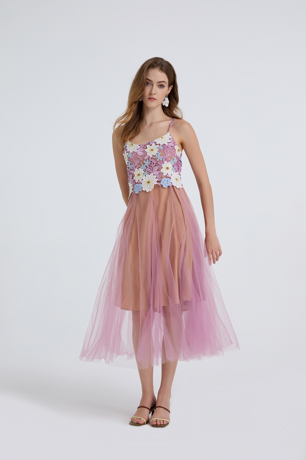 Gauze splice big skirt shoulder strap lace fashion dress