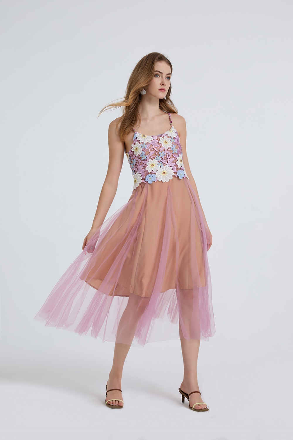 Gauze splice big skirt shoulder strap lace fashion dress