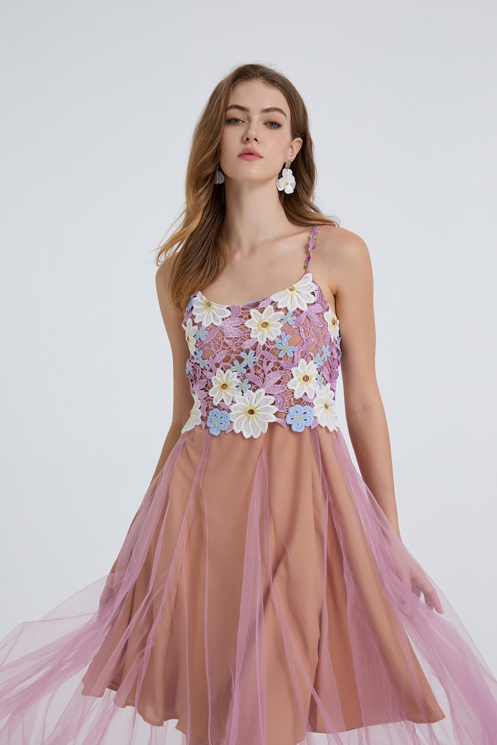 Gauze splice big skirt shoulder strap lace fashion dress