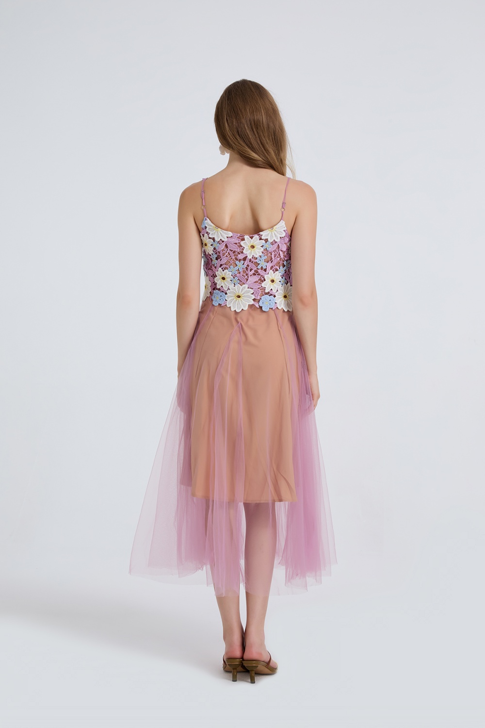 Gauze splice big skirt shoulder strap lace fashion dress