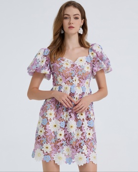 Puff sleeve sexy fashion big skirt embroidery lace dress