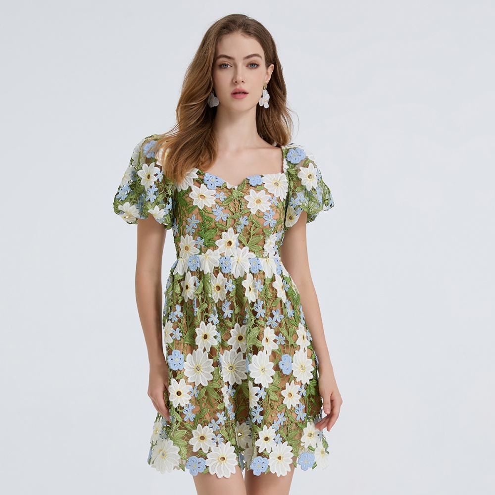 Puff sleeve sexy fashion big skirt embroidery lace dress