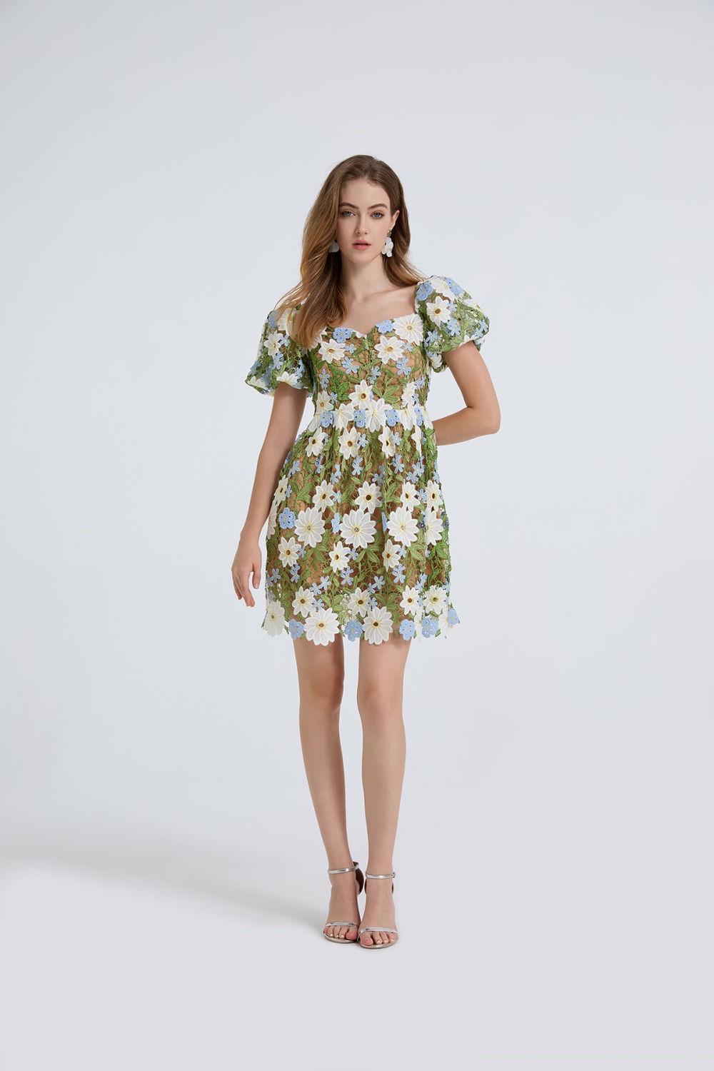 Puff sleeve sexy fashion big skirt embroidery lace dress