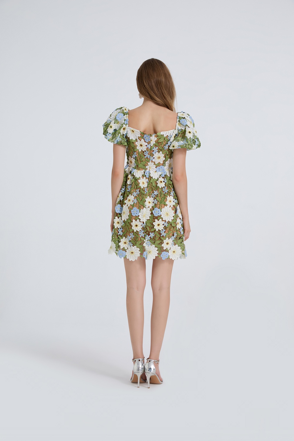 Puff sleeve sexy fashion big skirt embroidery lace dress
