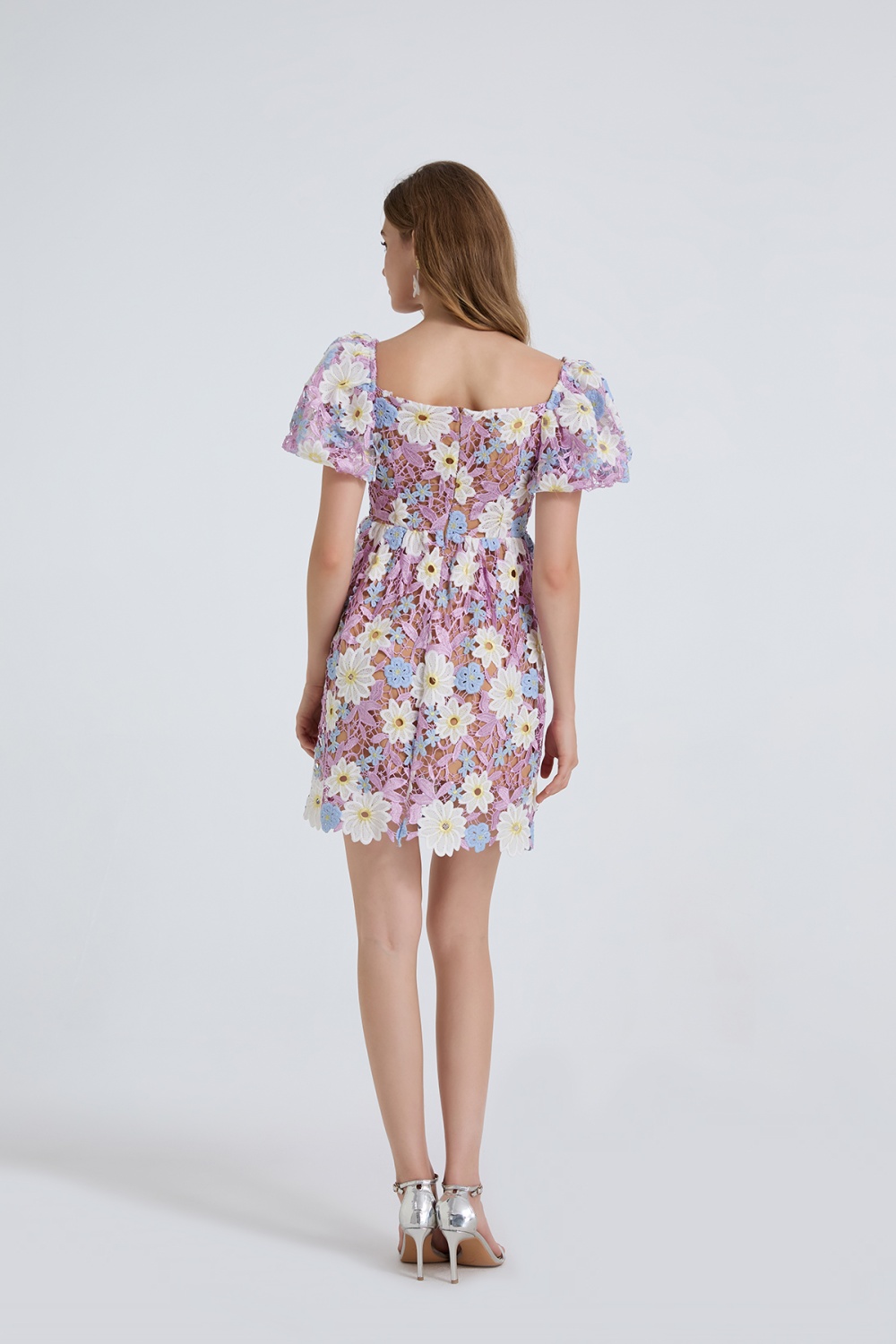 Puff sleeve sexy fashion big skirt embroidery lace dress