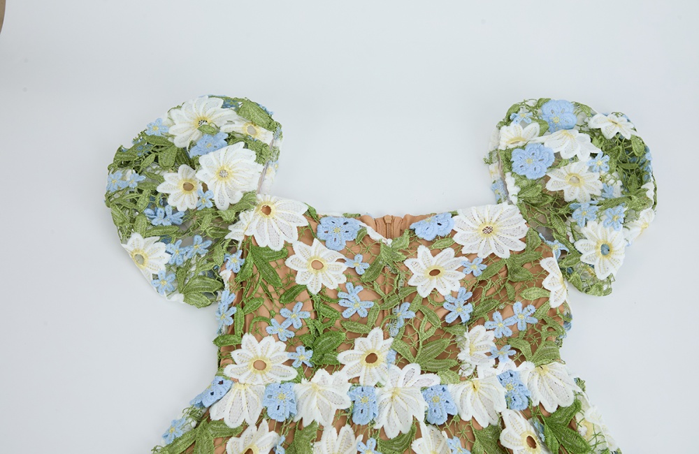 Puff sleeve sexy fashion big skirt embroidery lace dress