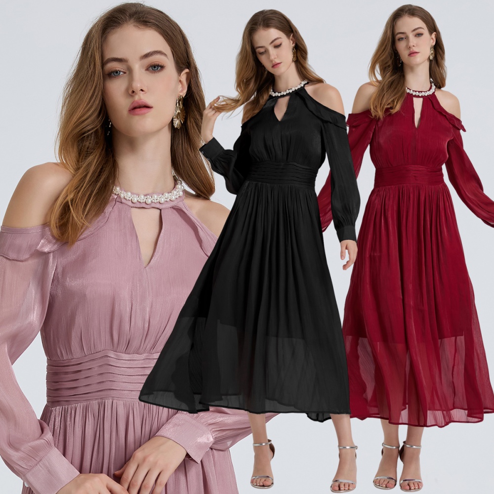 France style romantic creased strapless long sleeve dress