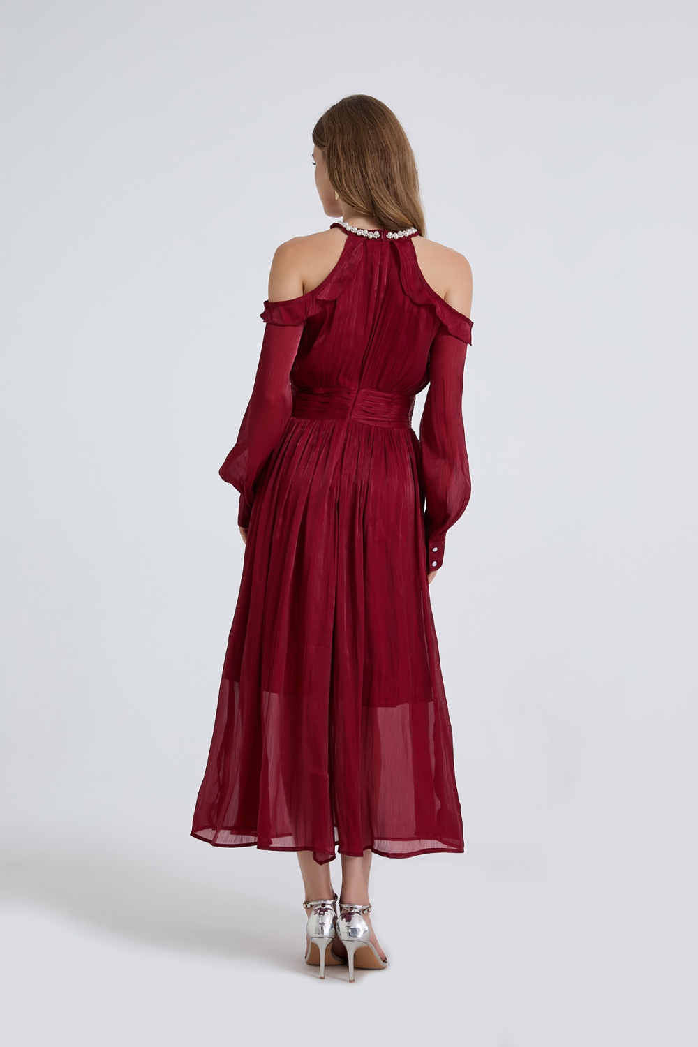 France style romantic creased strapless long sleeve dress