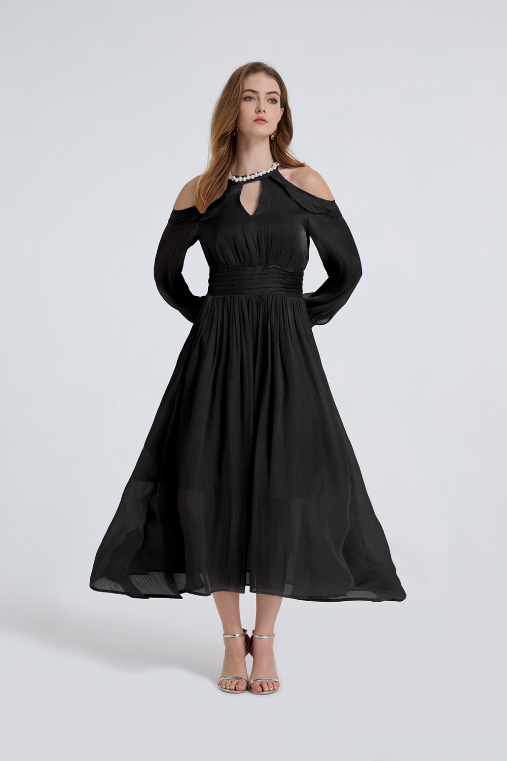 France style romantic creased strapless long sleeve dress