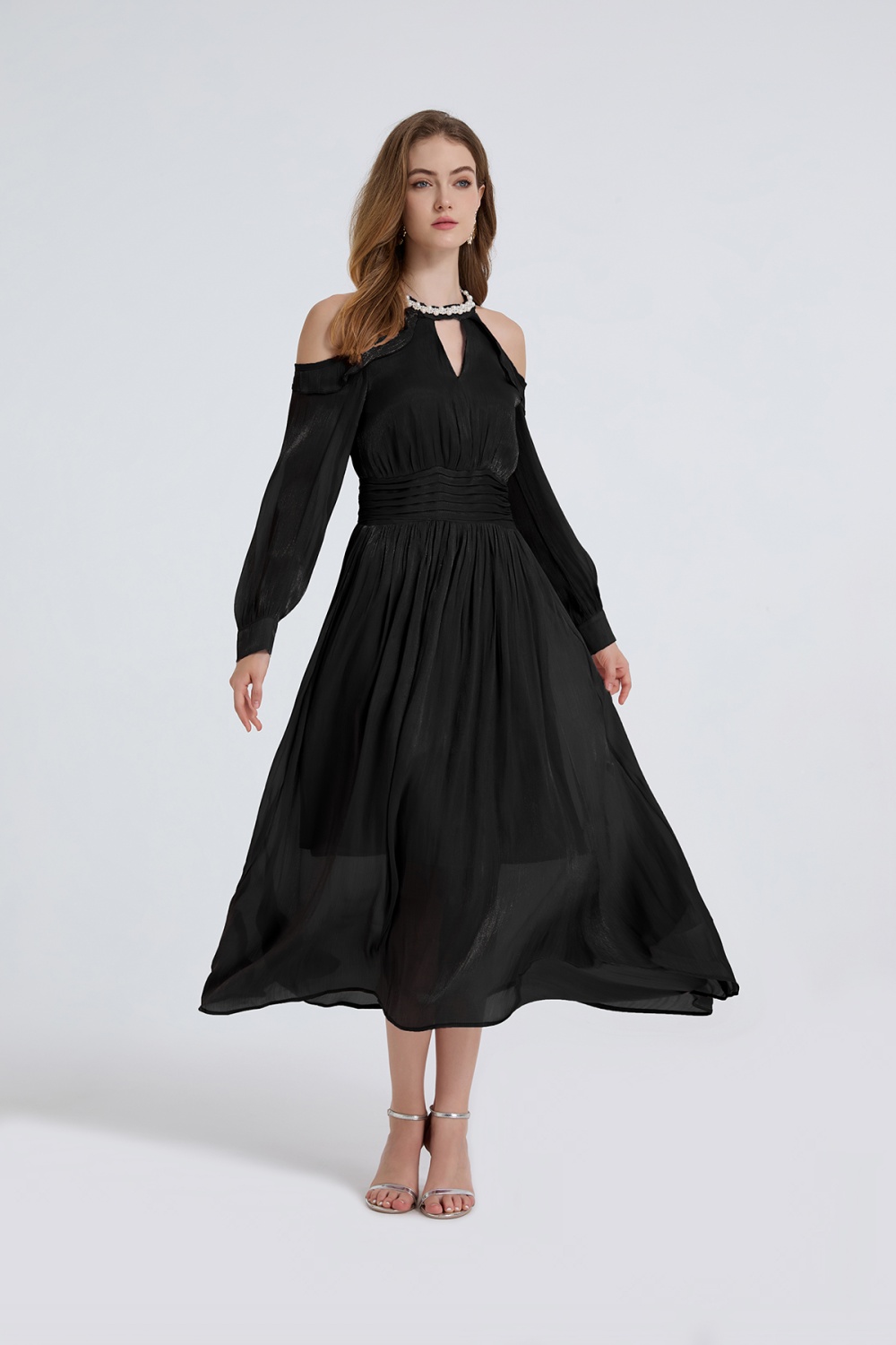 France style romantic creased strapless long sleeve dress