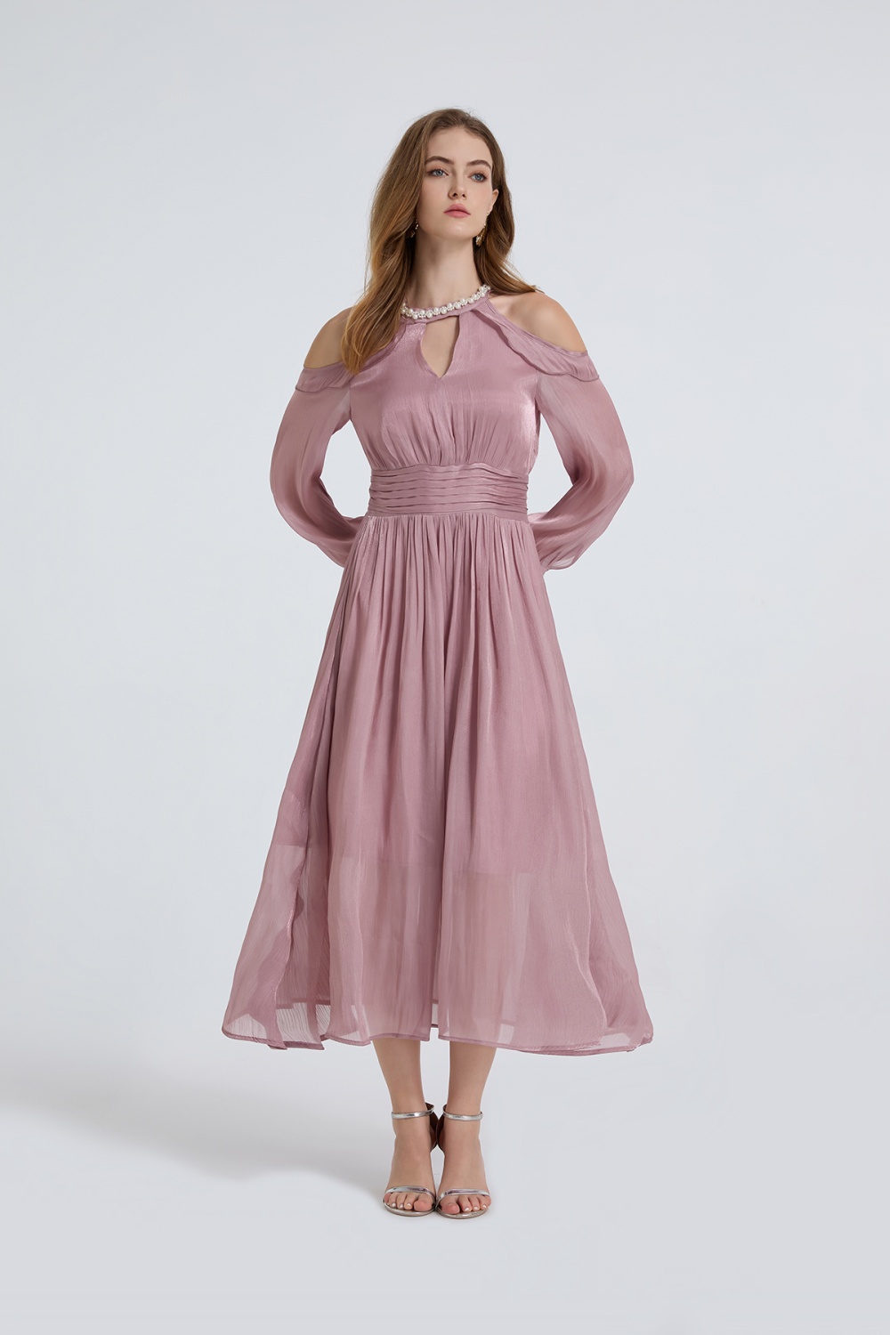 France style romantic creased strapless long sleeve dress