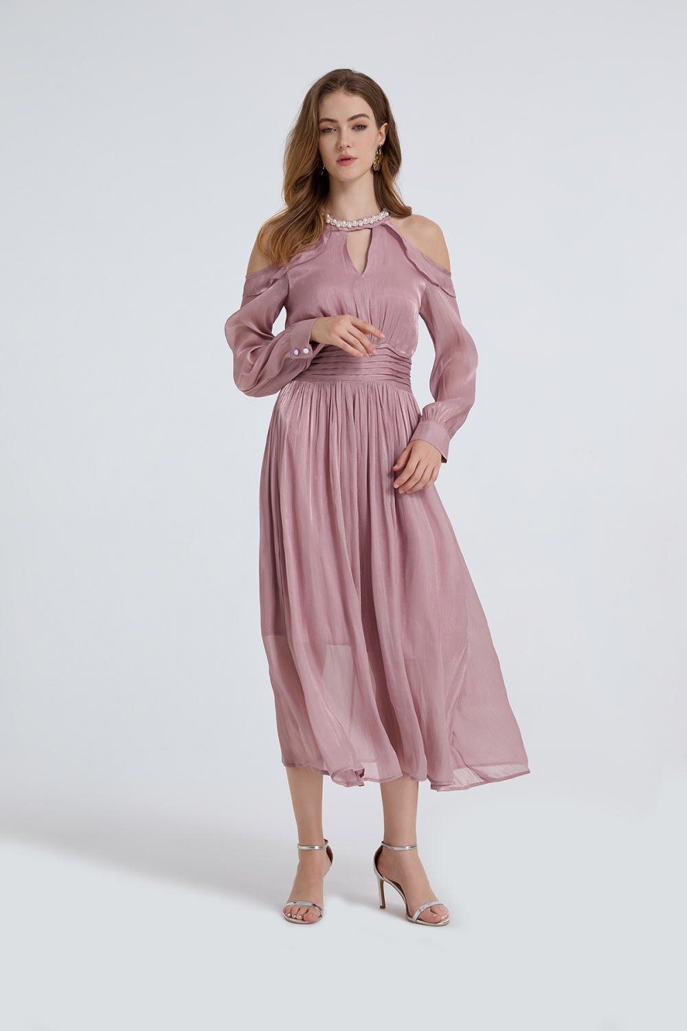 France style romantic creased strapless long sleeve dress