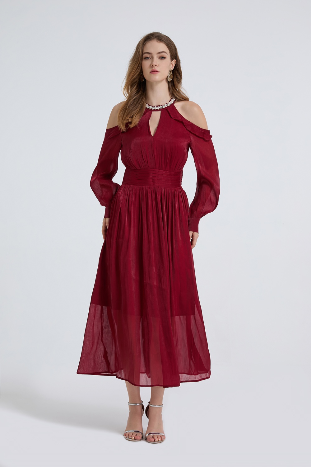 France style romantic creased strapless long sleeve dress