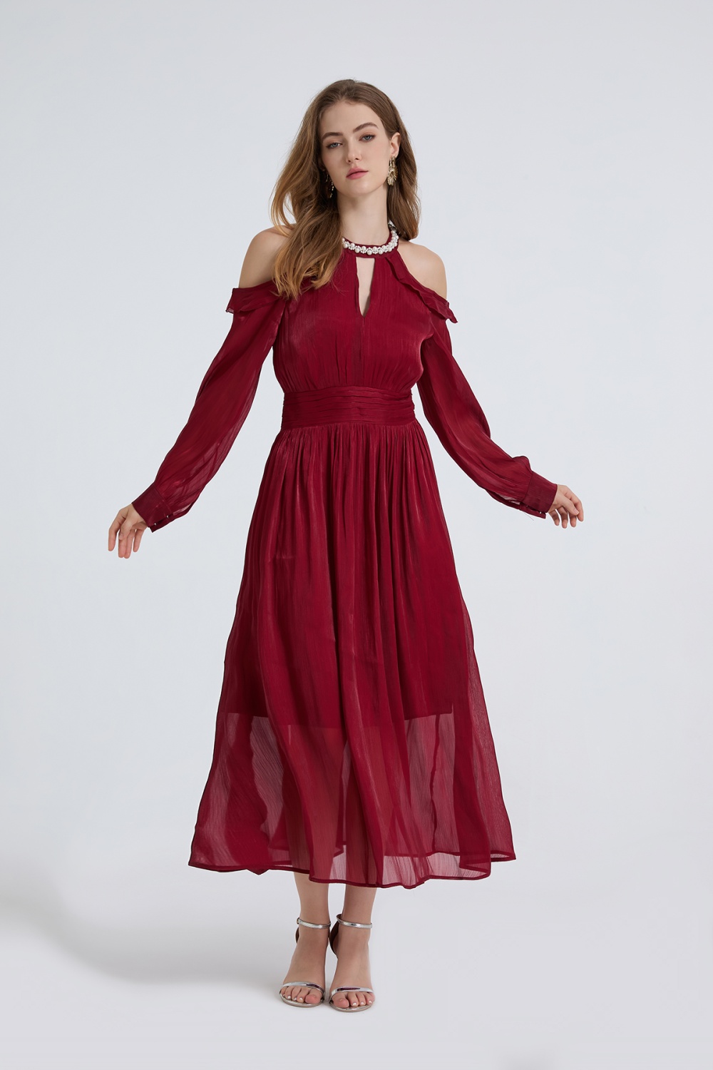 France style romantic creased strapless long sleeve dress