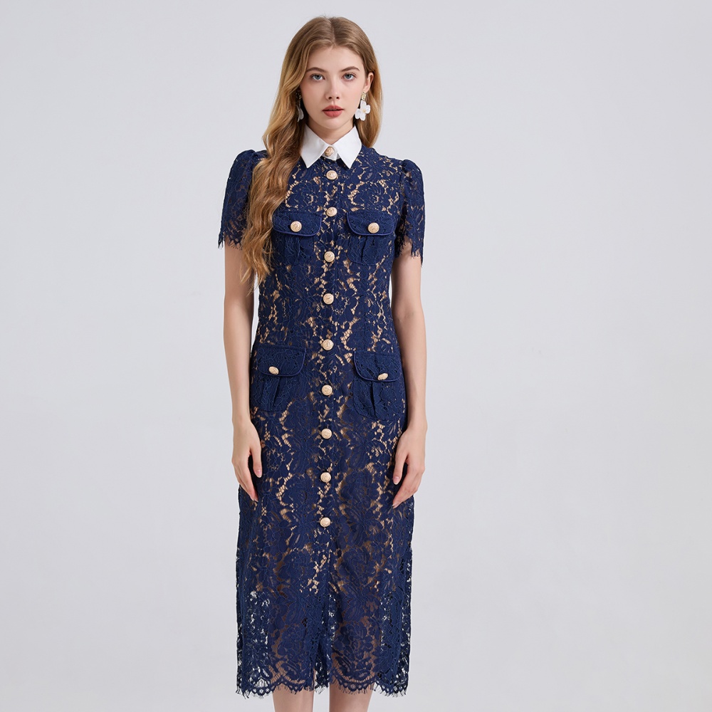 Stereoscopic ladies contrast color collar lace dress