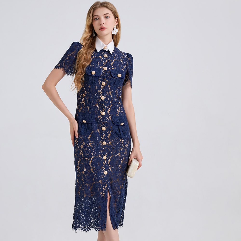 Stereoscopic ladies contrast color collar lace dress