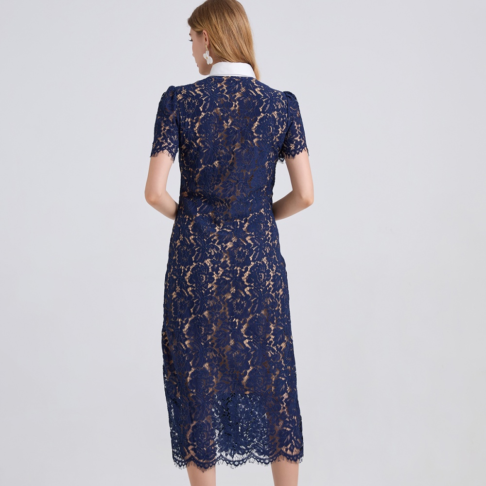 Stereoscopic ladies contrast color collar lace dress