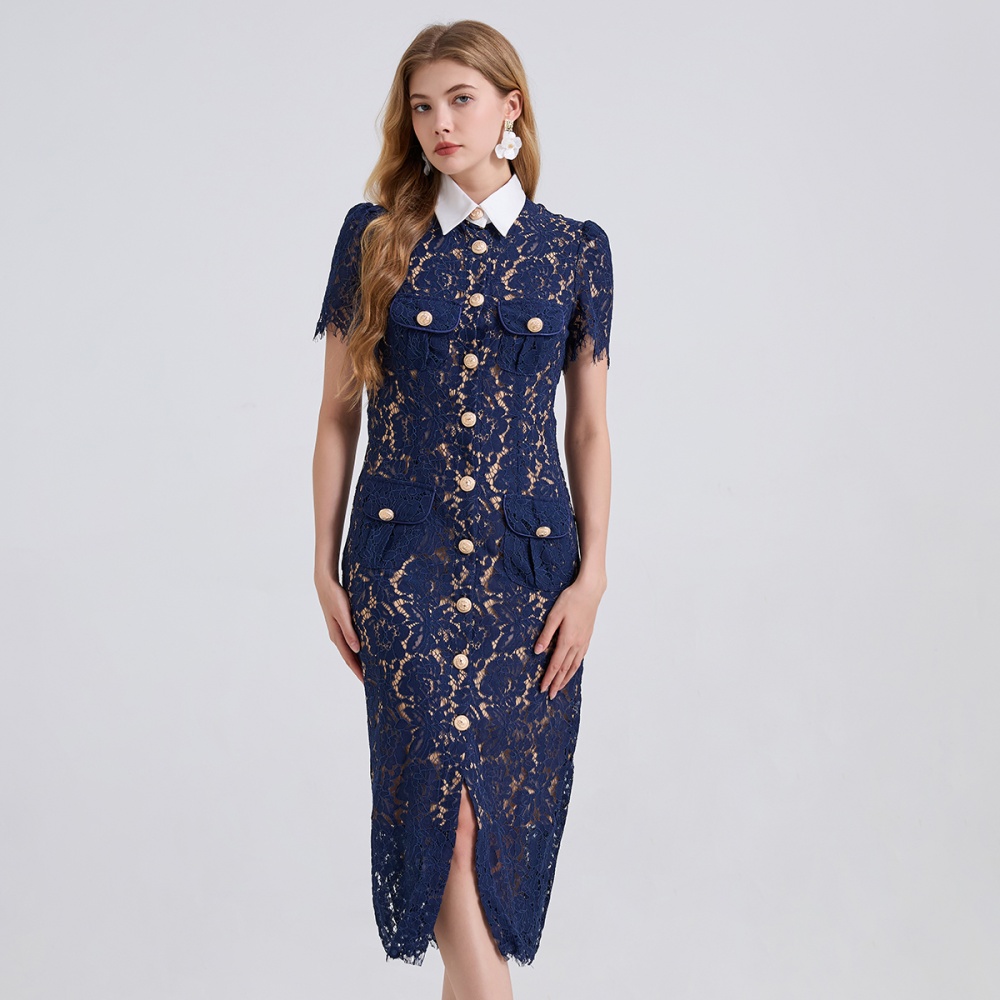 Stereoscopic ladies contrast color collar lace dress