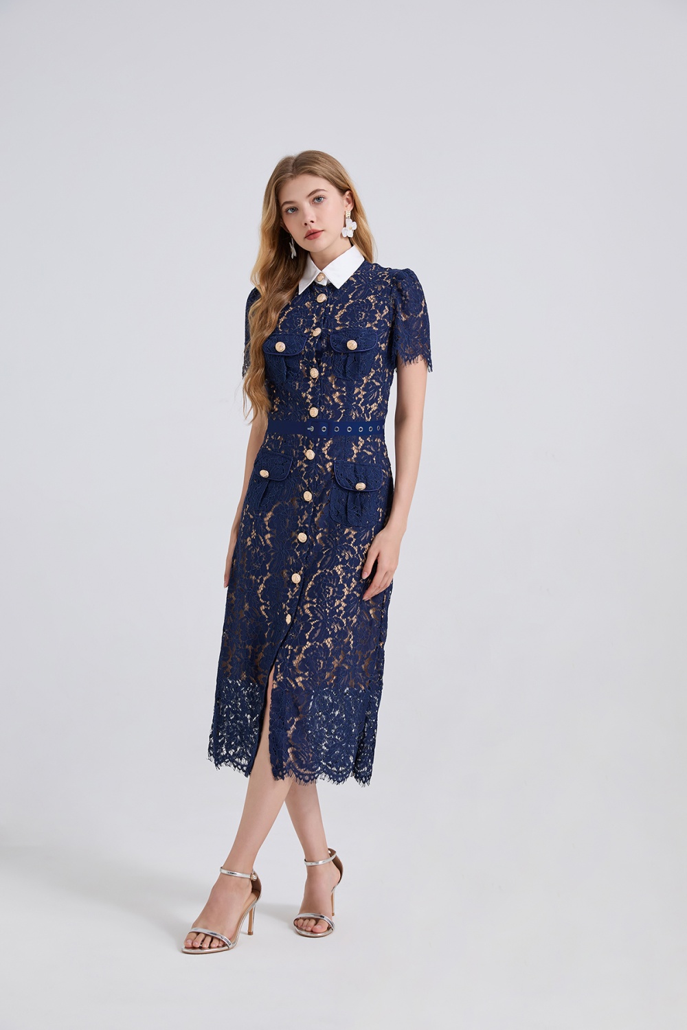 Stereoscopic ladies contrast color collar lace dress