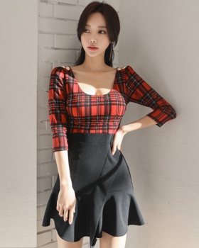 Plaid slim high elastic Korean style U-neck dress for women