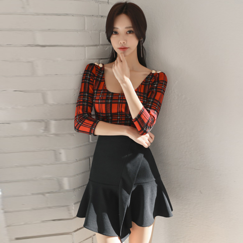 Plaid slim high elastic Korean style U-neck dress for women