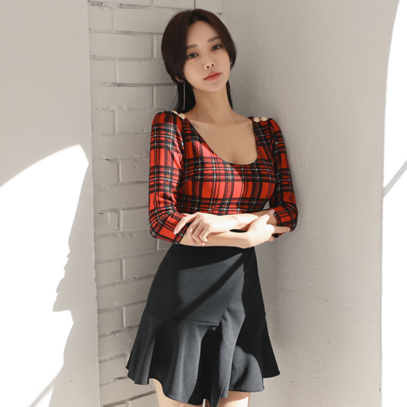 Plaid slim high elastic Korean style U-neck dress for women