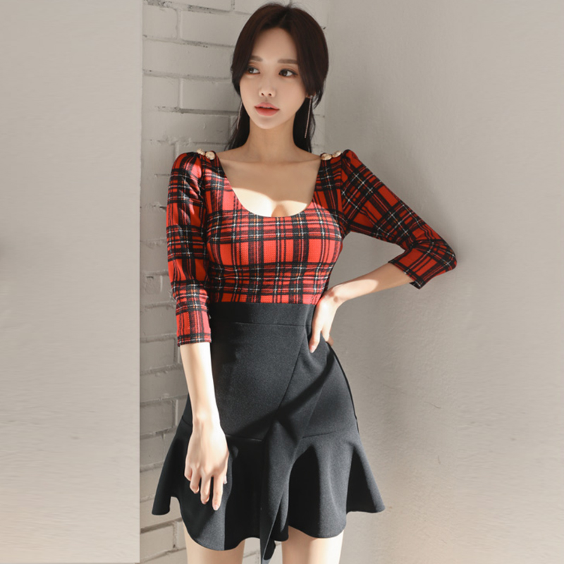 Plaid slim high elastic Korean style U-neck dress for women