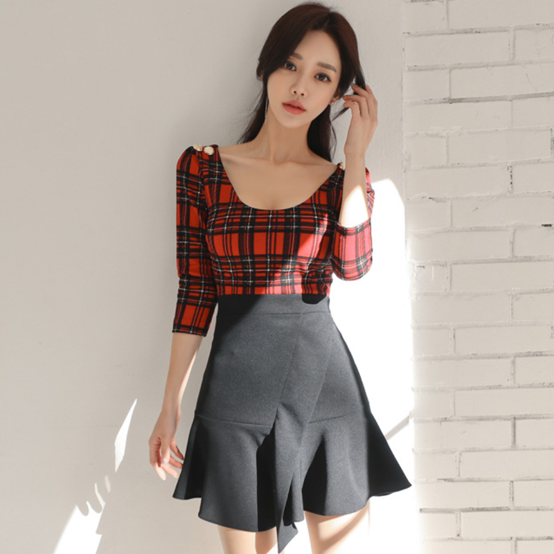 Plaid slim high elastic Korean style U-neck dress for women